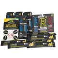 A collection of Revvies sports nutrition products, including energy gels, a snap & lock bib fastener, and electrolyte drinks, arranged on a plain white background.